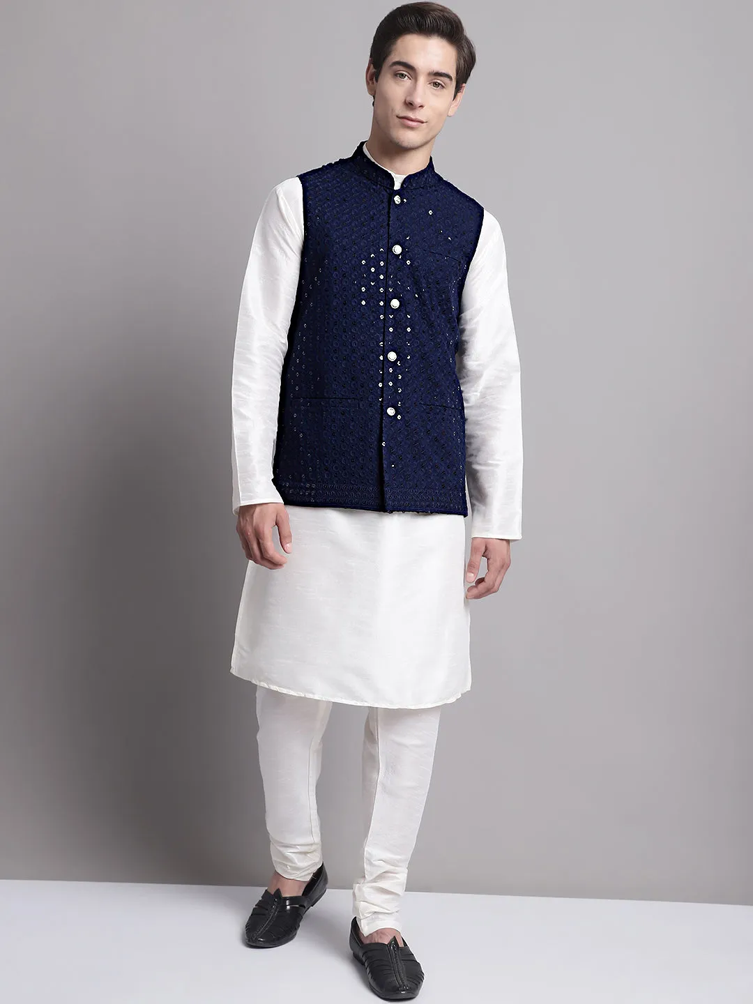 Men'S Navy Blue Sequins And Embroidered Nehru Jacket