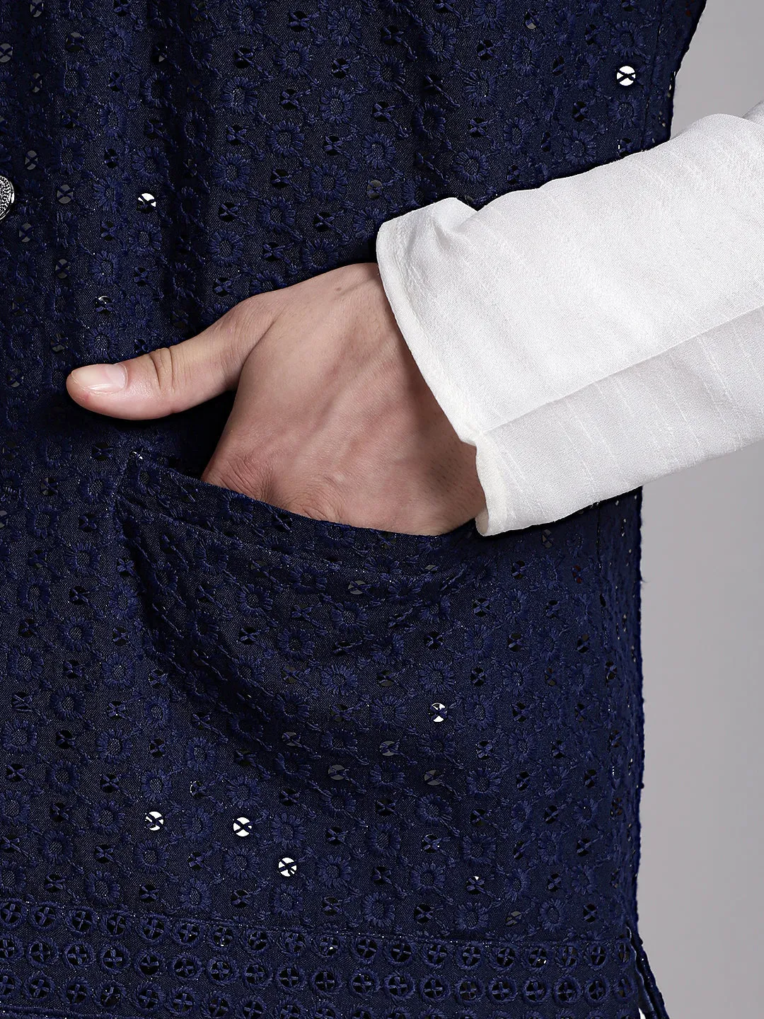 Men'S Navy Blue Sequins And Embroidered Nehru Jacket