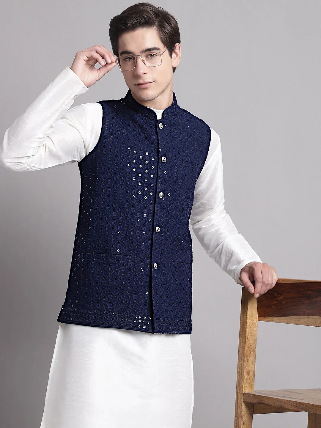 Men'S Navy Blue Sequins And Embroidered Nehru Jacket