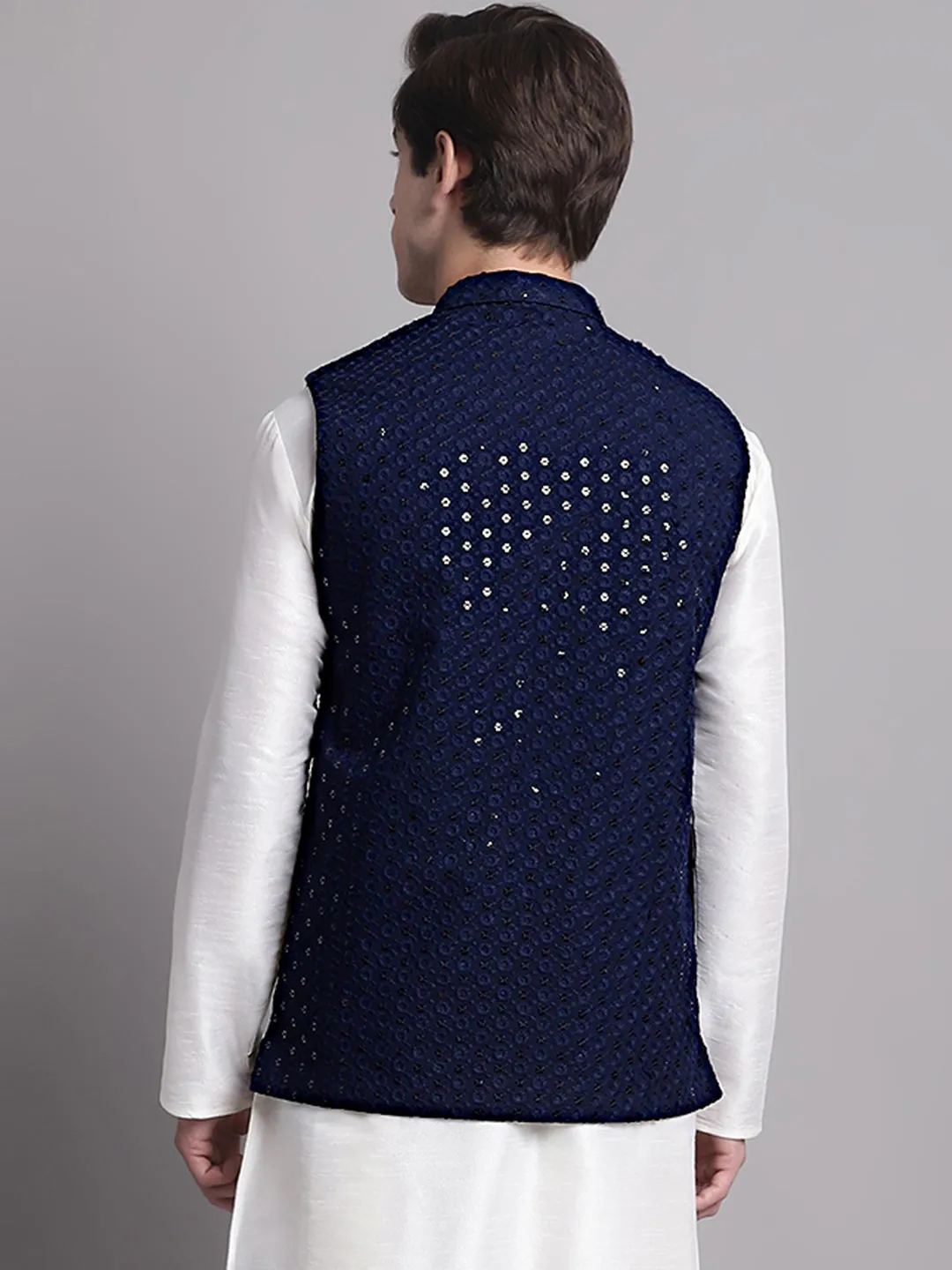 Men'S Navy Blue Sequins And Embroidered Nehru Jacket