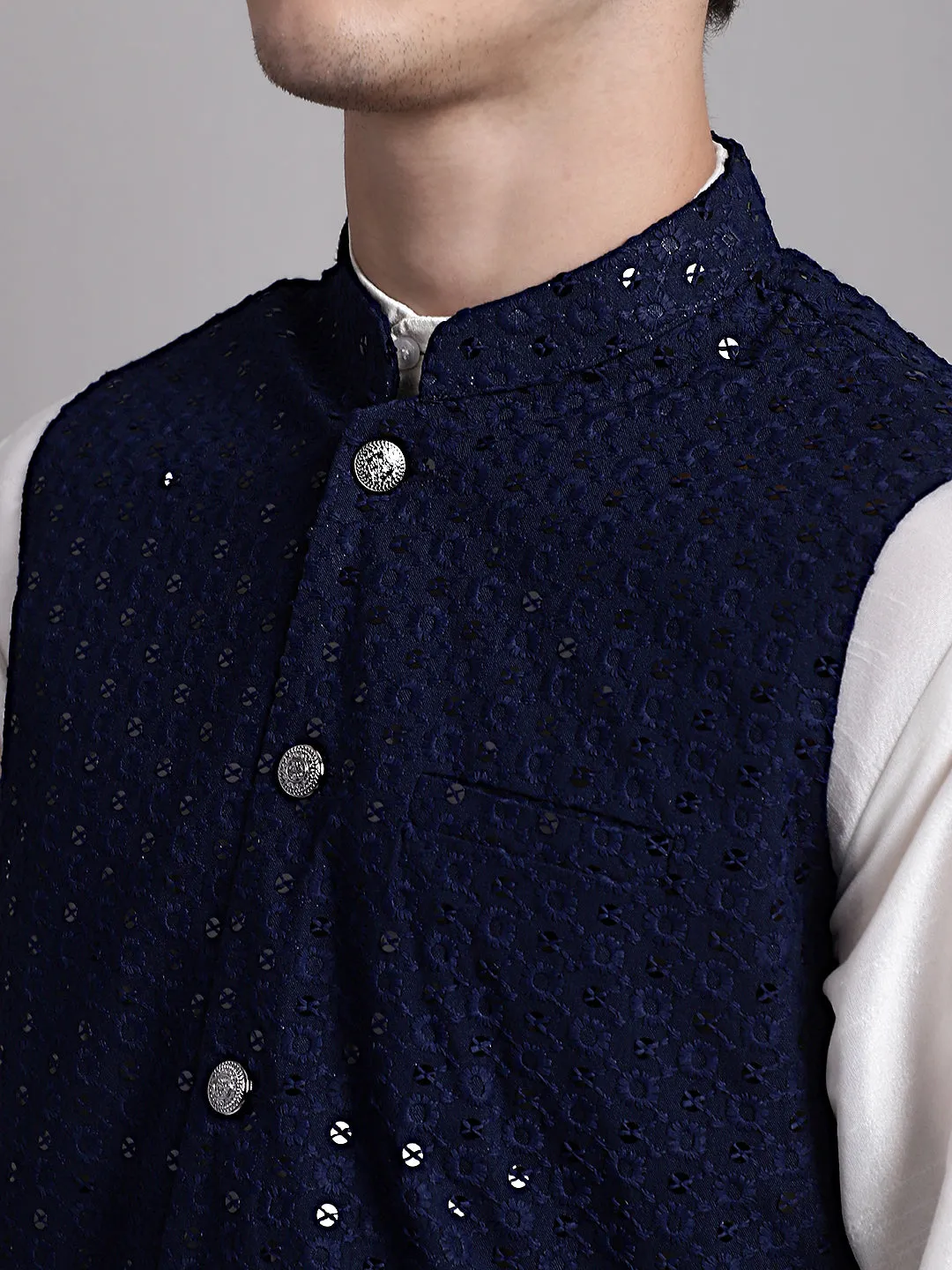 Men'S Navy Blue Sequins And Embroidered Nehru Jacket