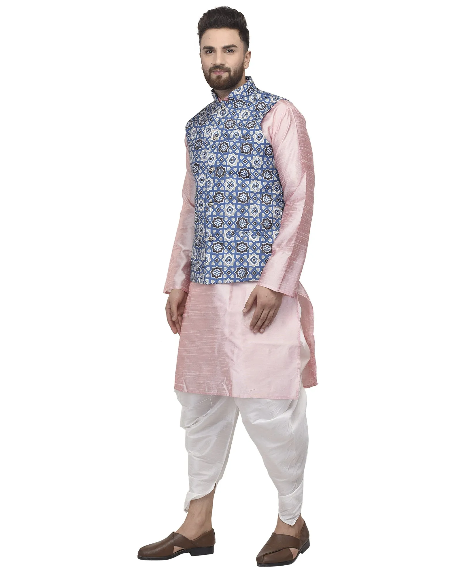 Men's Pink Kurta With White Dhoti & Blue Printed Nehru Jacket - Benstoke