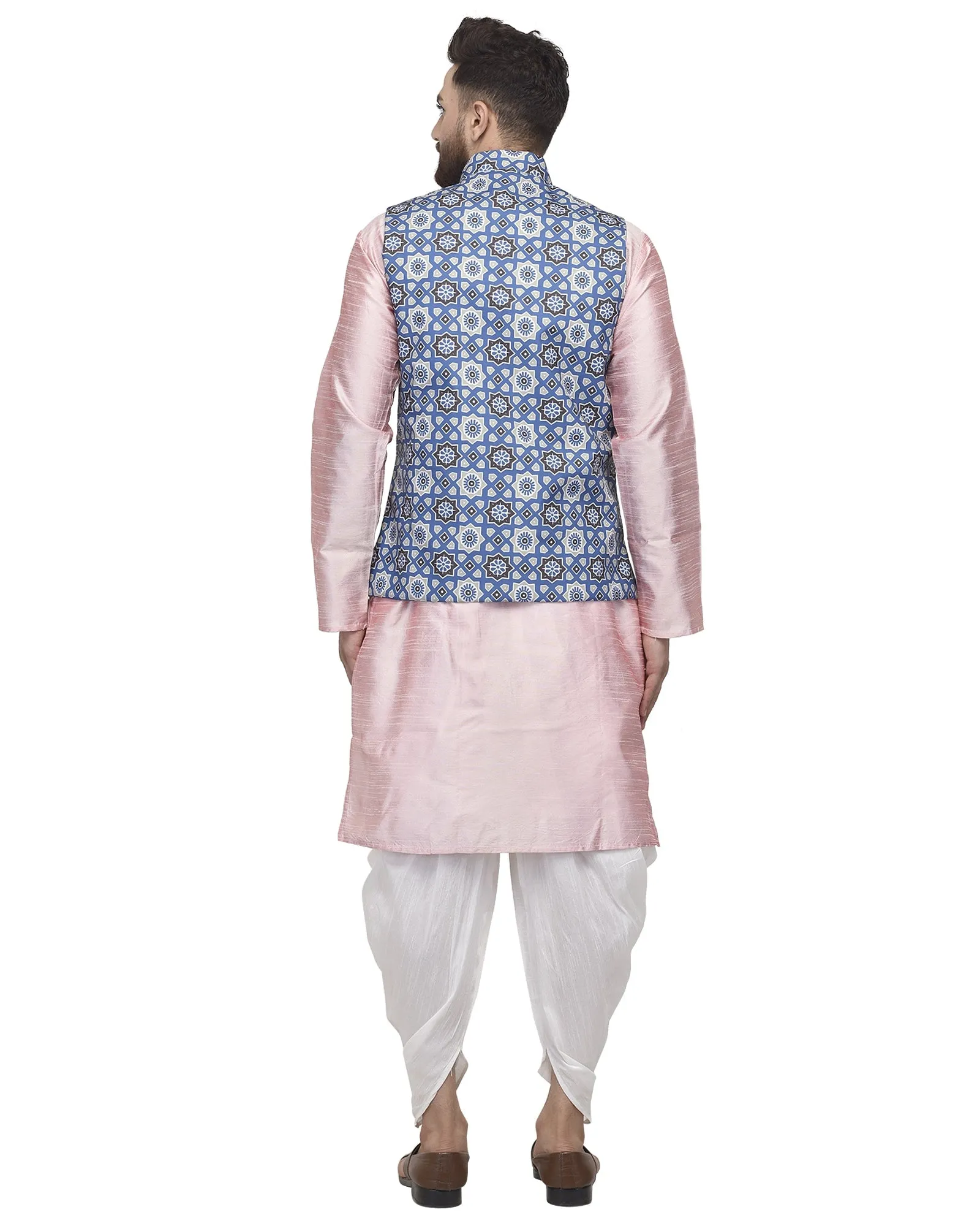 Men's Pink Kurta With White Dhoti & Blue Printed Nehru Jacket - Benstoke