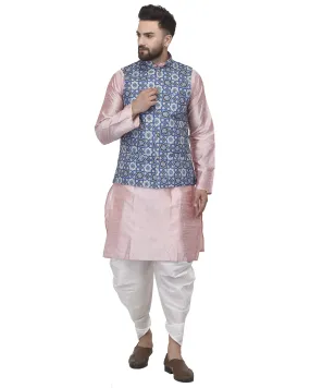 Men's Pink Kurta With White Dhoti & Blue Printed Nehru Jacket - Benstoke