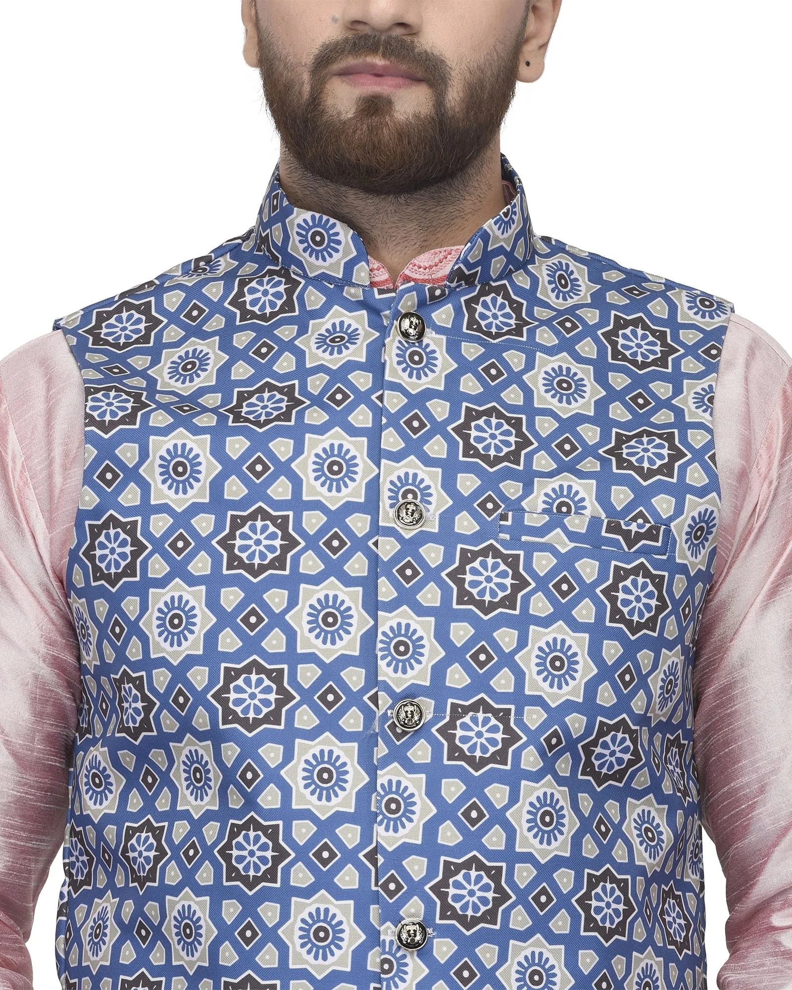 Men's Pink Kurta With White Dhoti & Blue Printed Nehru Jacket - Benstoke