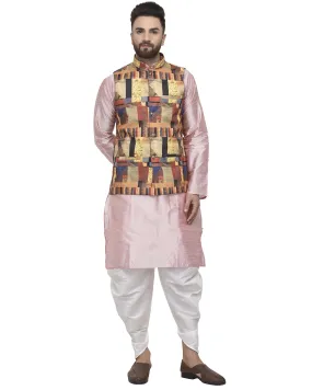 Men's Pink Kurta With White Dhoti & Multi Printed Nehru Jacket - Benstoke