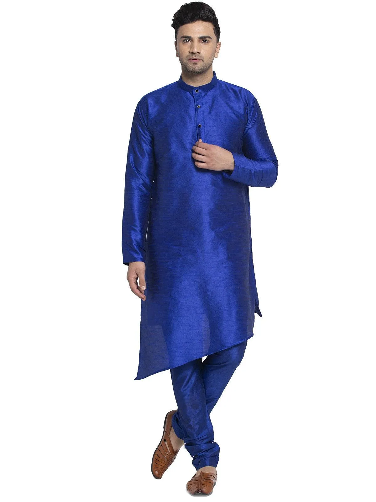 Men's Royal Blue Solid Asymmetric Kurta With Churidaar Pyjama - Benstoke