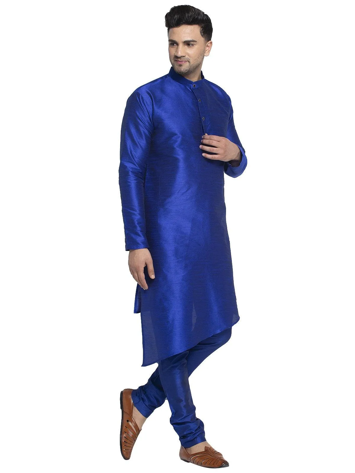 Men's Royal Blue Solid Asymmetric Kurta With Churidaar Pyjama - Benstoke