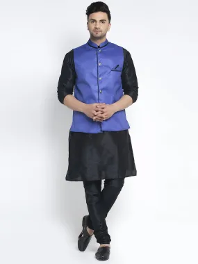 Men's Silk Blend Black Kurta With Pyjama & Royal Blue Nehru Jacket - Benstoke