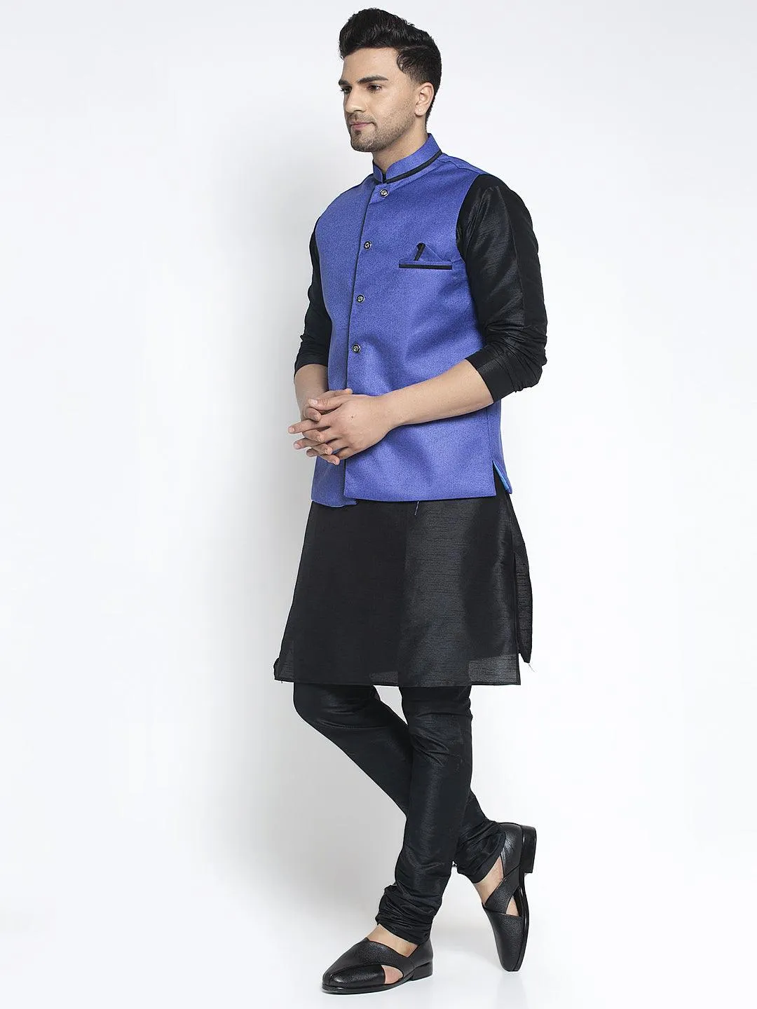 Men's Silk Blend Black Kurta With Pyjama & Royal Blue Nehru Jacket - Benstoke