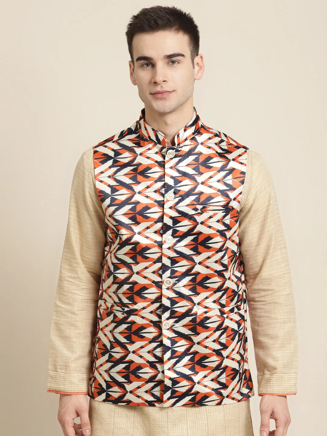 Men's Silk Blend Cream Printed ONLY Nehru Jacket - Sojanya