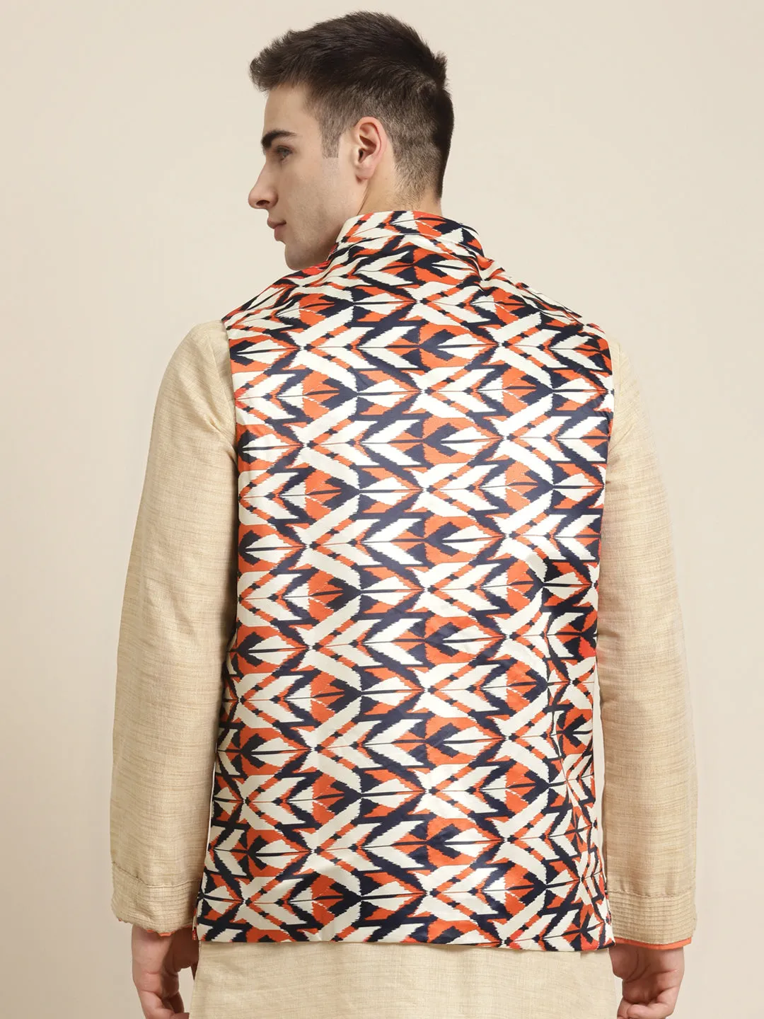 Men's Silk Blend Cream Printed ONLY Nehru Jacket - Sojanya