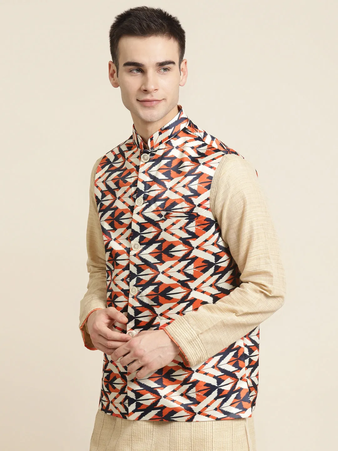 Men's Silk Blend Cream Printed ONLY Nehru Jacket - Sojanya