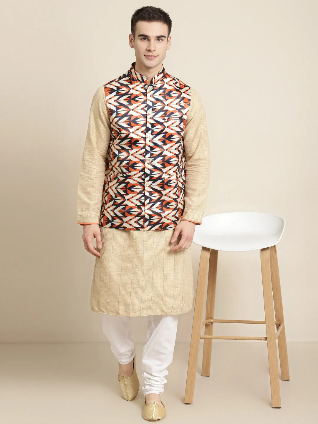 Men's Silk Blend Cream Printed ONLY Nehru Jacket - Sojanya