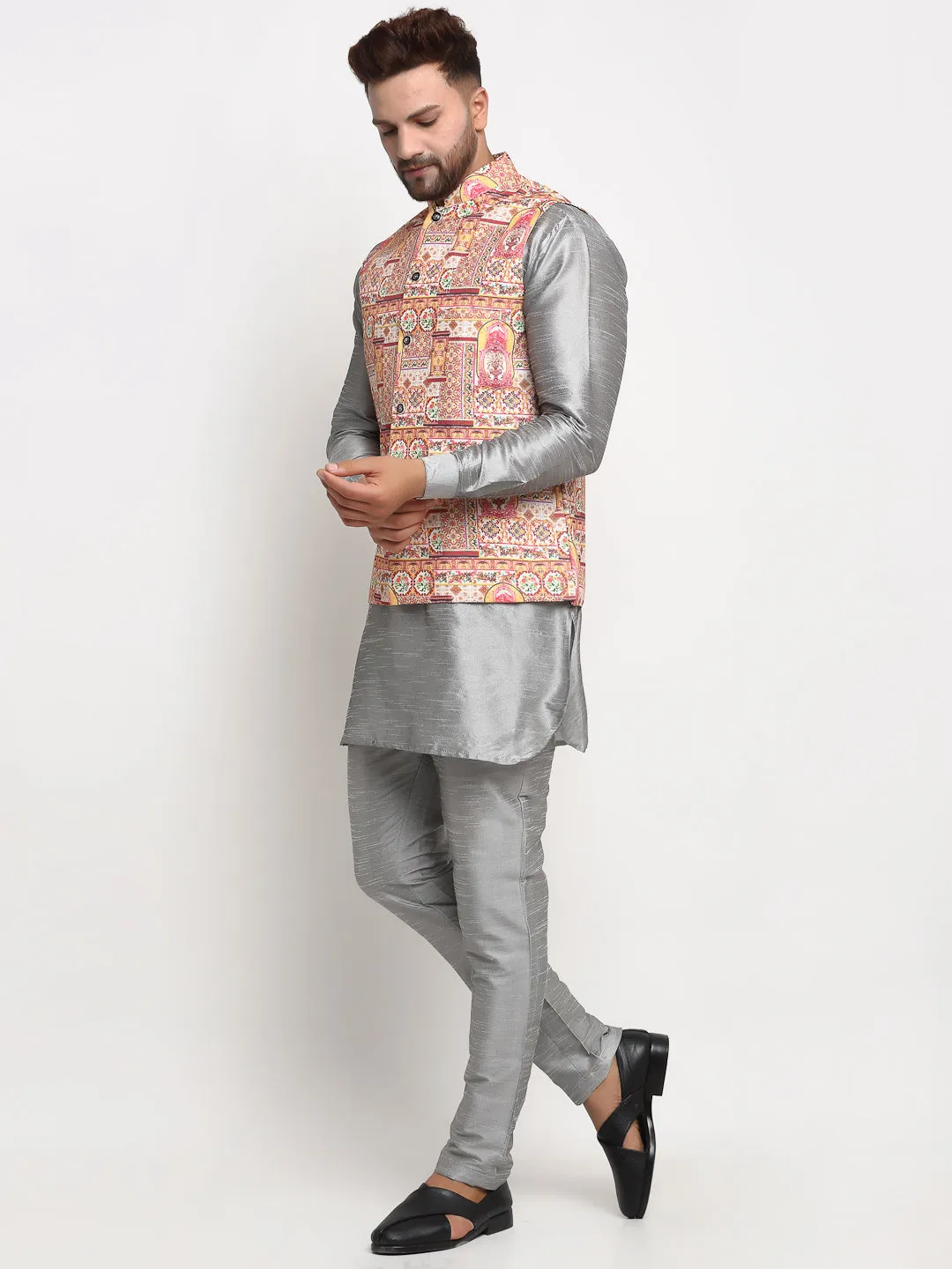 Men's Silk Blend Grey Kurta With Pyjama & Pink Printed Nehru Jacket - Benstoke