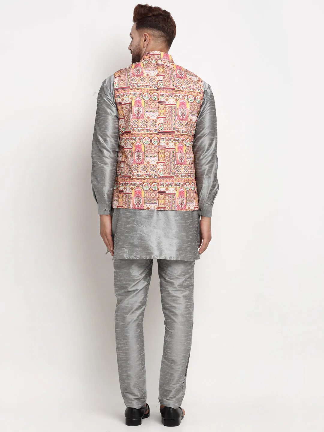 Men's Silk Blend Grey Kurta With Pyjama & Pink Printed Nehru Jacket - Benstoke