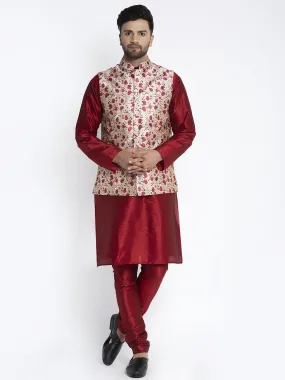 Men's Silk Blend Maroon Kurta With Pyjama & Beige Printed Nehru Jacket - Benstoke