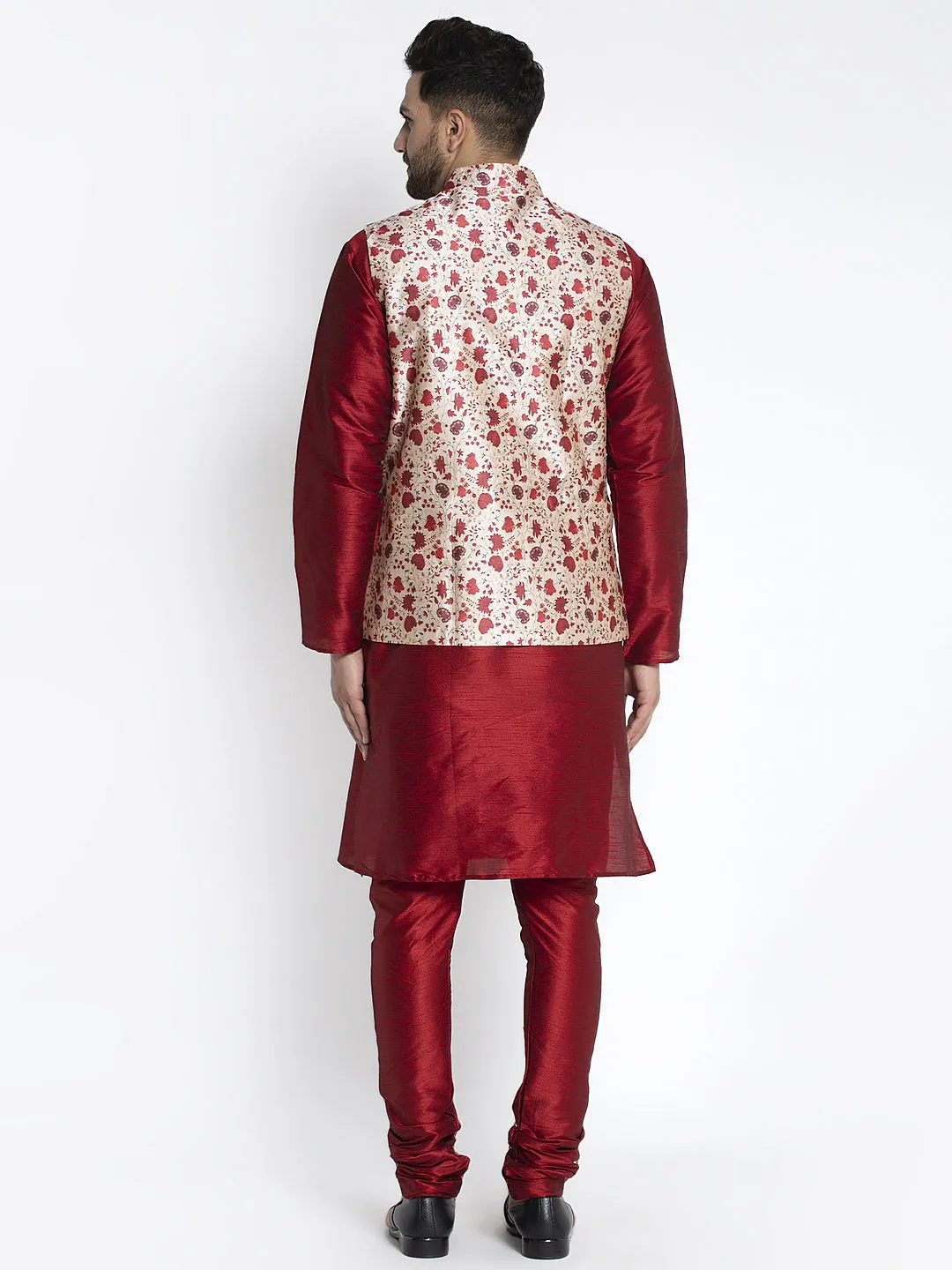 Men's Silk Blend Maroon Kurta With Pyjama & Beige Printed Nehru Jacket - Benstoke