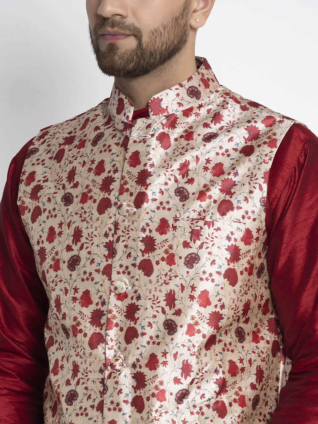 Men's Silk Blend Maroon Kurta With Pyjama & Beige Printed Nehru Jacket - Benstoke