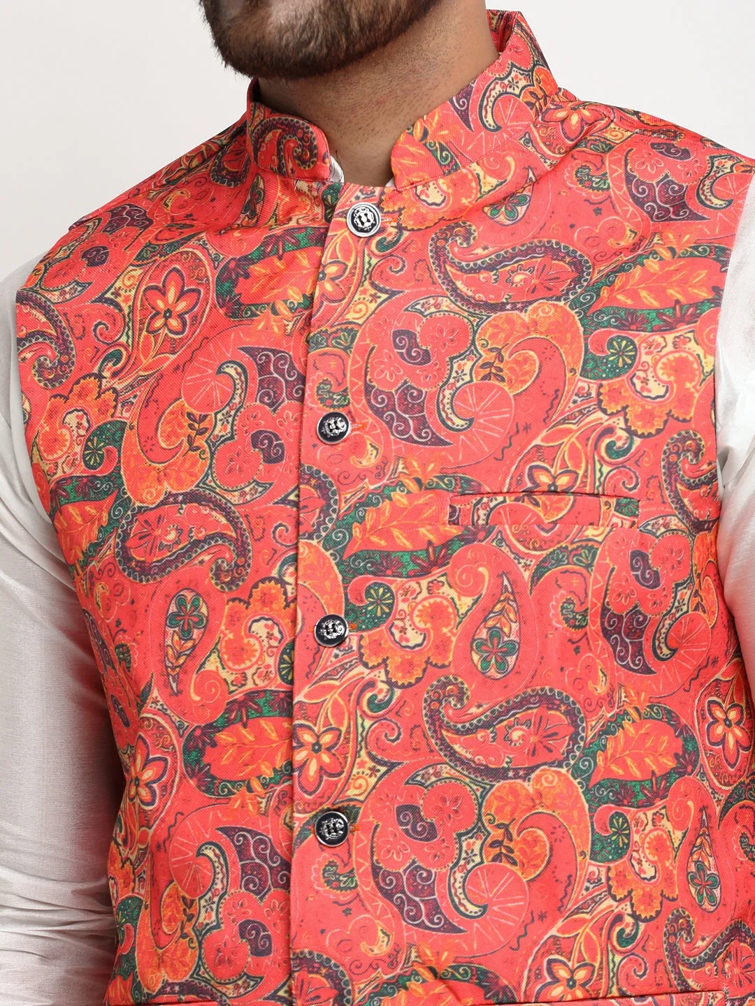 Men's Silk Blend White Kurta With Pyjama & Orange Printed Nehru Jacket - Benstoke