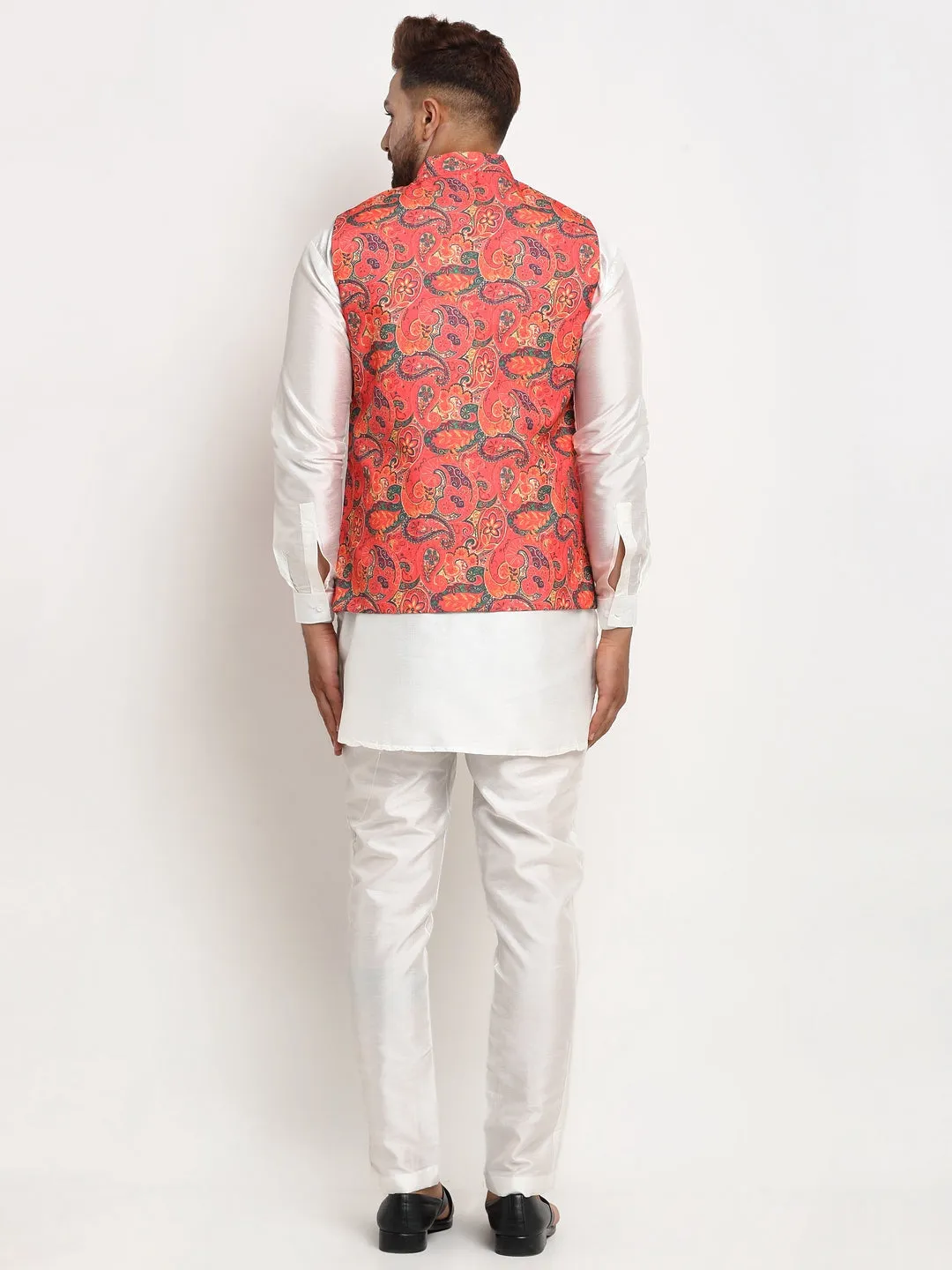 Men's Silk Blend White Kurta With Pyjama & Orange Printed Nehru Jacket - Benstoke