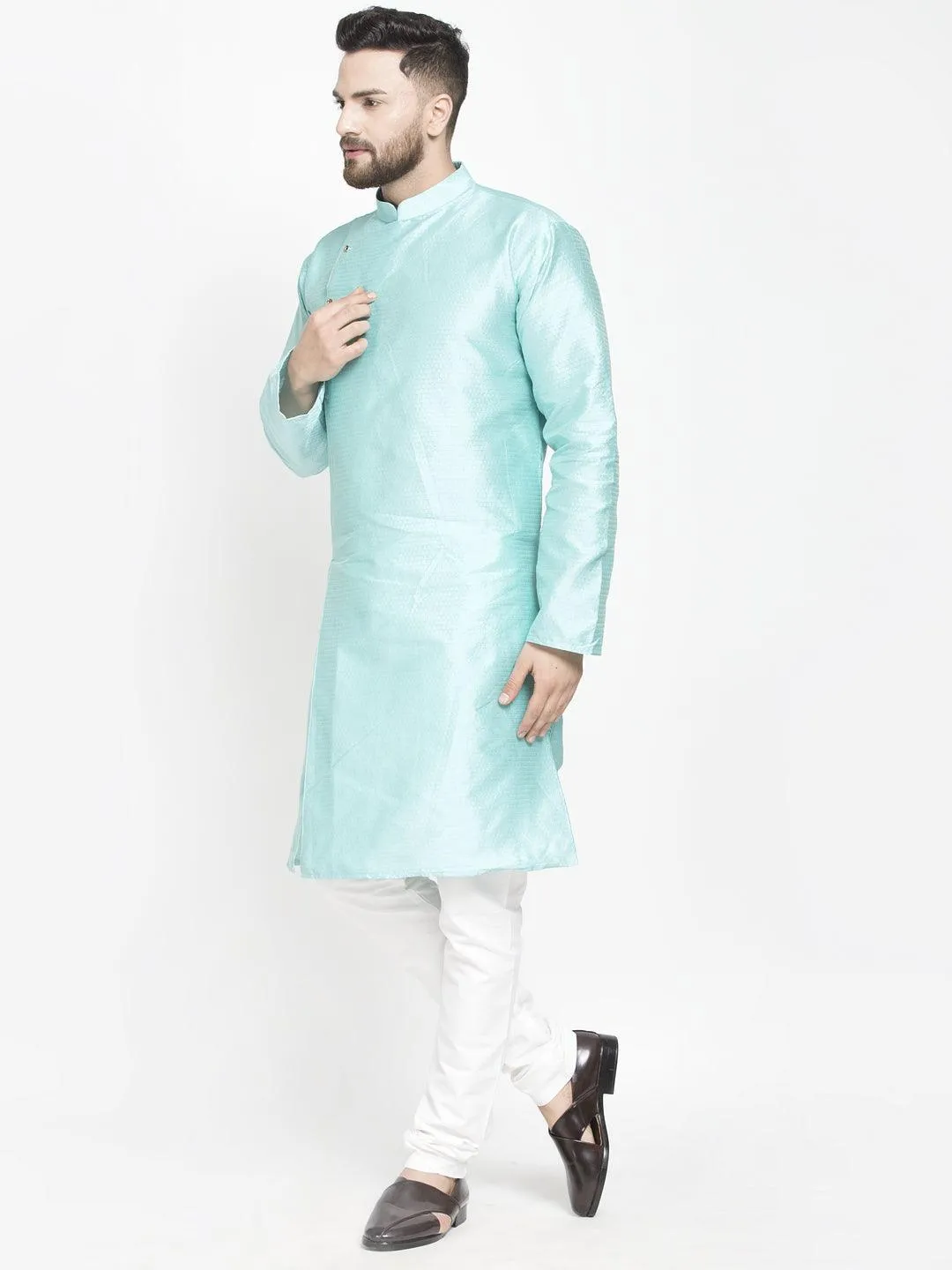 Men's Sky Blue Self Design Kurta With White Churidaar Pyjama - Benstoke