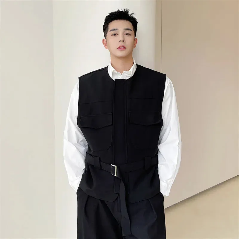 Men's Wear Korean Trendy Girdle Vest Male 2023 New Autumn Round Collar Sinel Breasted Sleeveless Clothing With Belt 9A0977