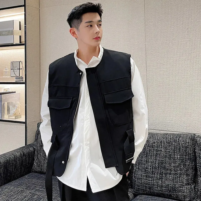 Men's Wear Korean Trendy Girdle Vest Male 2023 New Autumn Round Collar Sinel Breasted Sleeveless Clothing With Belt 9A0977