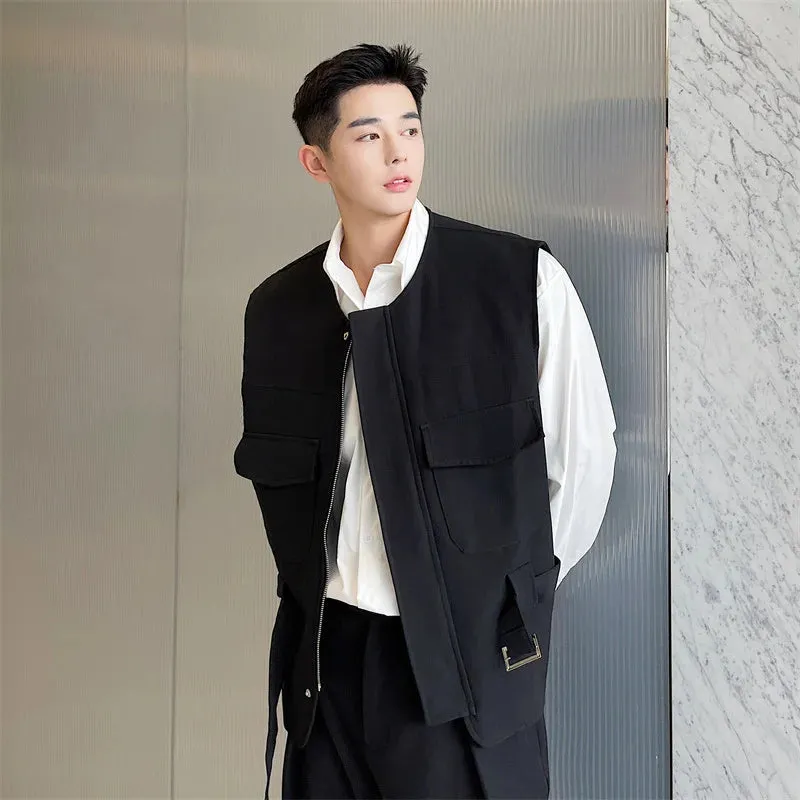 Men's Wear Korean Trendy Girdle Vest Male 2023 New Autumn Round Collar Sinel Breasted Sleeveless Clothing With Belt 9A0977