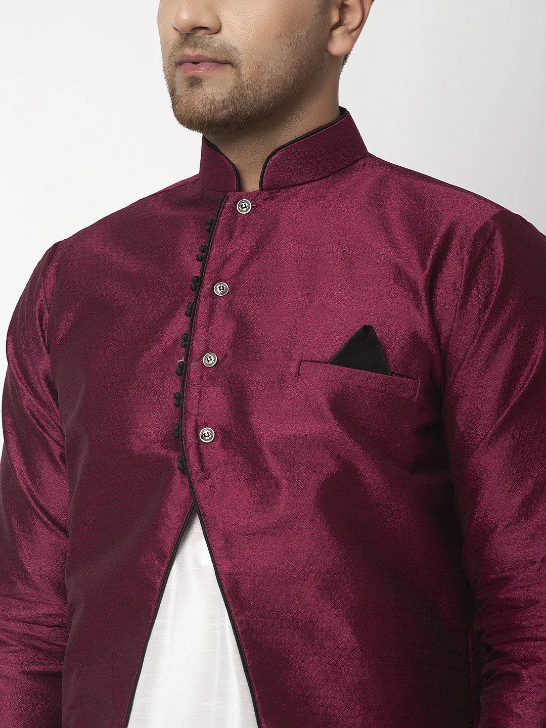 Men's White Kurta With Pyjama & Burgundy Self Design Jacket - Benstoke