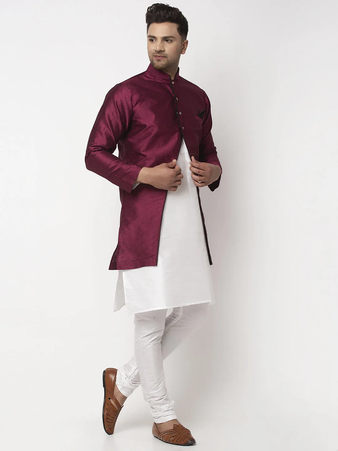 Men's White Kurta With Pyjama & Burgundy Self Design Jacket - Benstoke