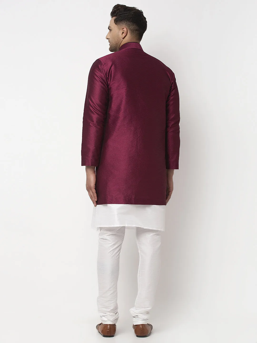 Men's White Kurta With Pyjama & Burgundy Self Design Jacket - Benstoke