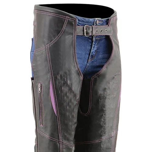 Milwaukee Leather Chaps for Women Black and Purple Premium Skin Laser Cut Accent Stitching Motorcycle Chap- MLL6525