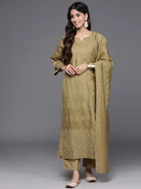 Mustard Embroidered Chanderi Silk Straight Kurta With Trousers & Dupatta