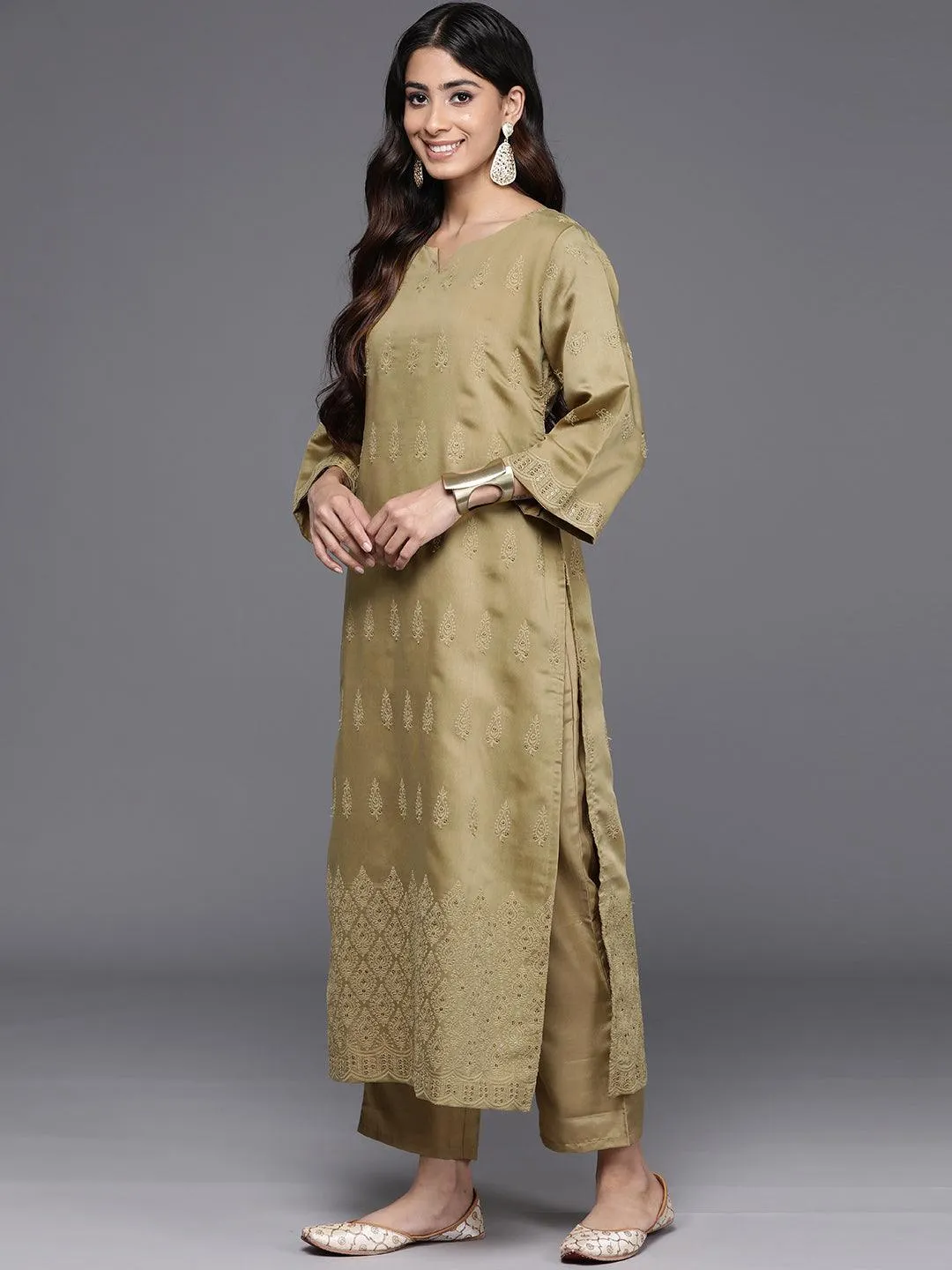 Mustard Embroidered Chanderi Silk Straight Kurta With Trousers & Dupatta