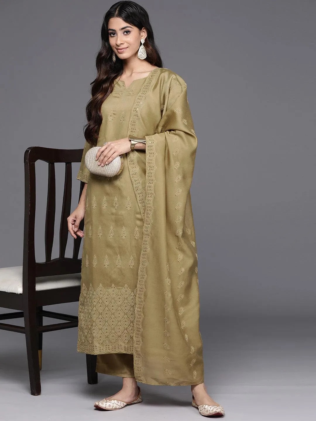 Mustard Embroidered Chanderi Silk Straight Kurta With Trousers & Dupatta