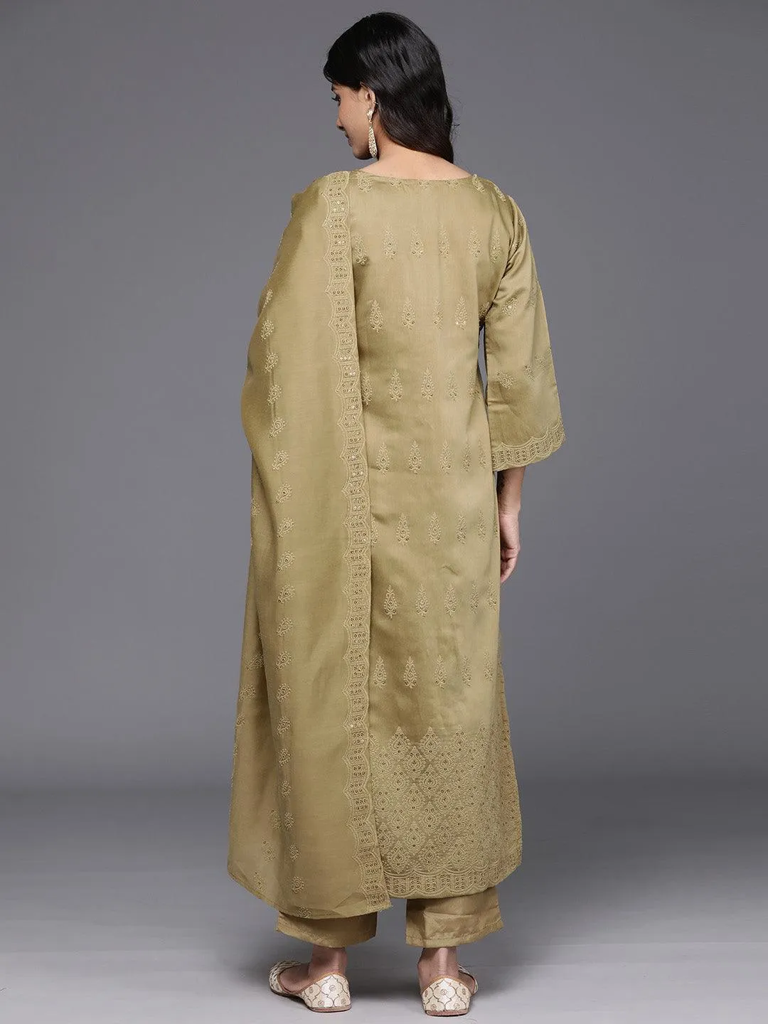 Mustard Embroidered Chanderi Silk Straight Kurta With Trousers & Dupatta