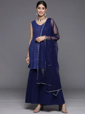 Navy Blue Embroidered Georgette A-Line Sharara Suit Set With Dupatta