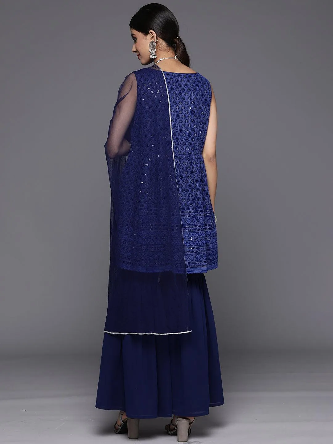 Navy Blue Embroidered Georgette A-Line Sharara Suit Set With Dupatta