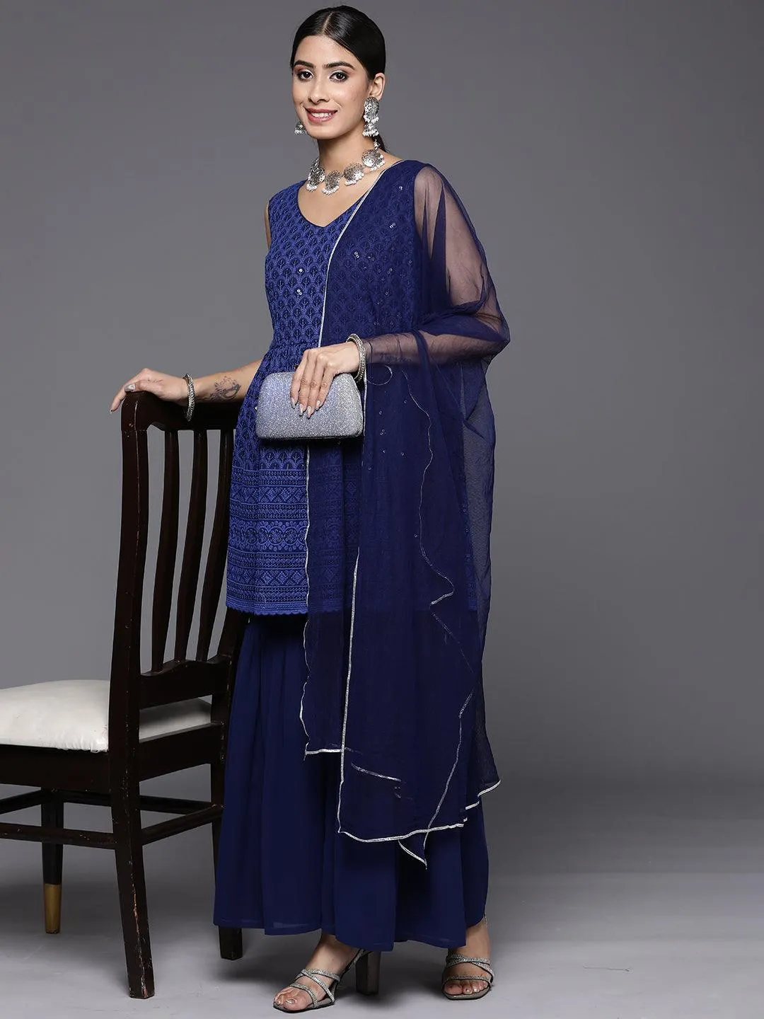 Navy Blue Embroidered Georgette A-Line Sharara Suit Set With Dupatta