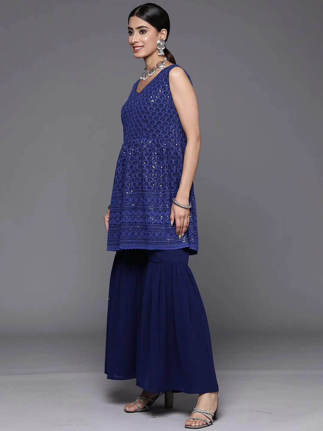 Navy Blue Embroidered Georgette A-Line Sharara Suit Set With Dupatta