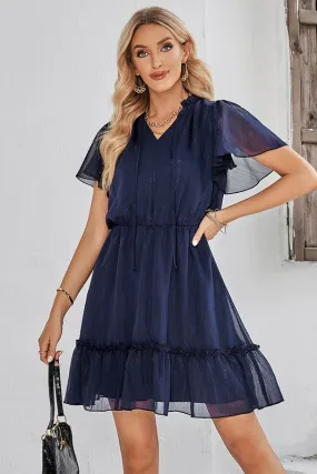 Navy V Neck Chiffon Dress