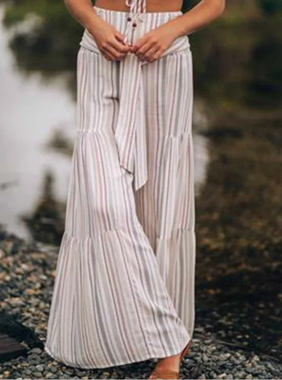 New Lace-up Striped Print Stitching Wide-leg Flared Trousers