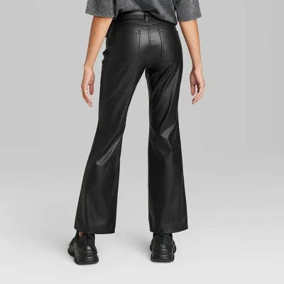 New - Women's Mid-Rise Faux Leather Flare Pants - Wild Fable Black 0