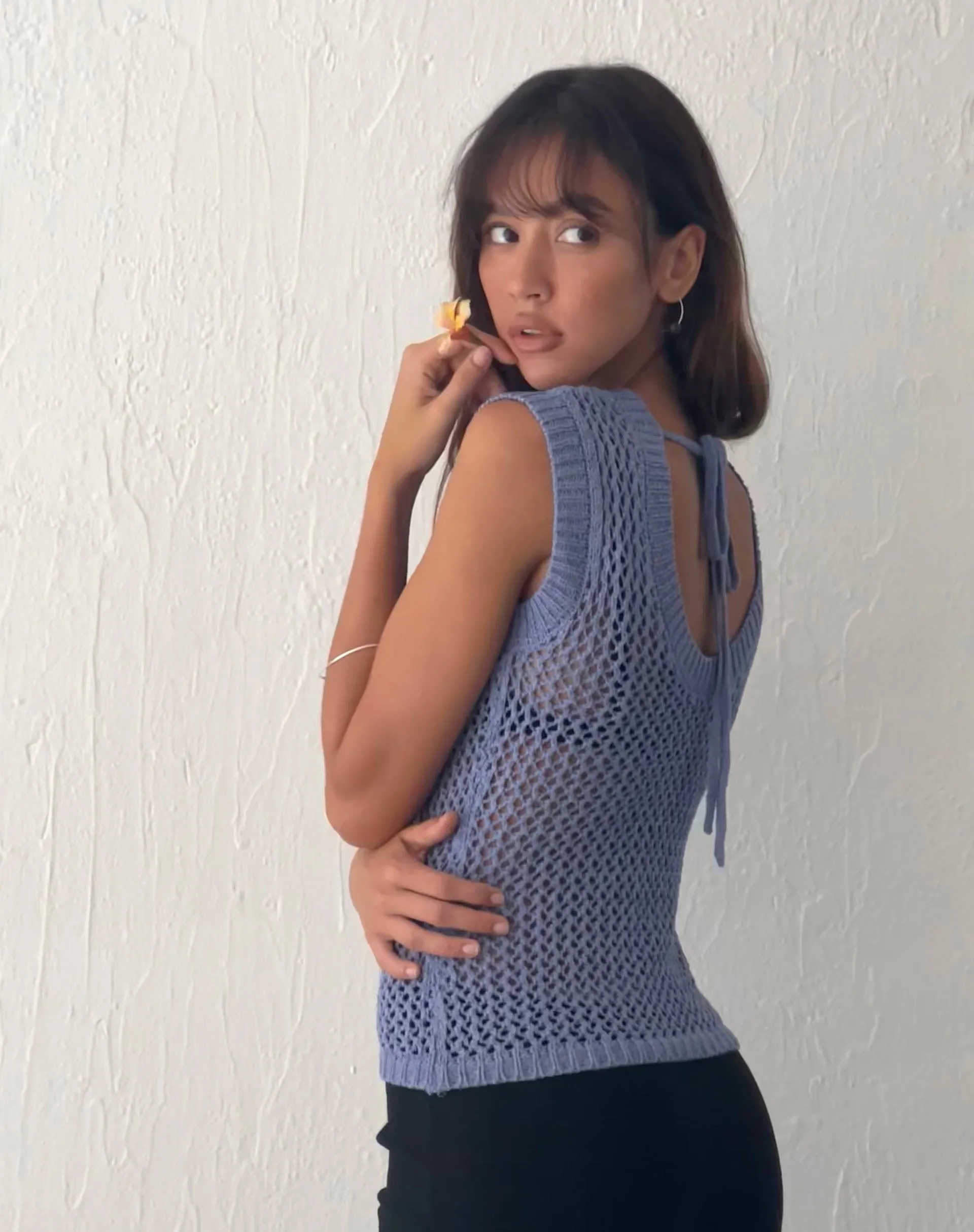 Nibura Open Back Vest Top in Blue Knit