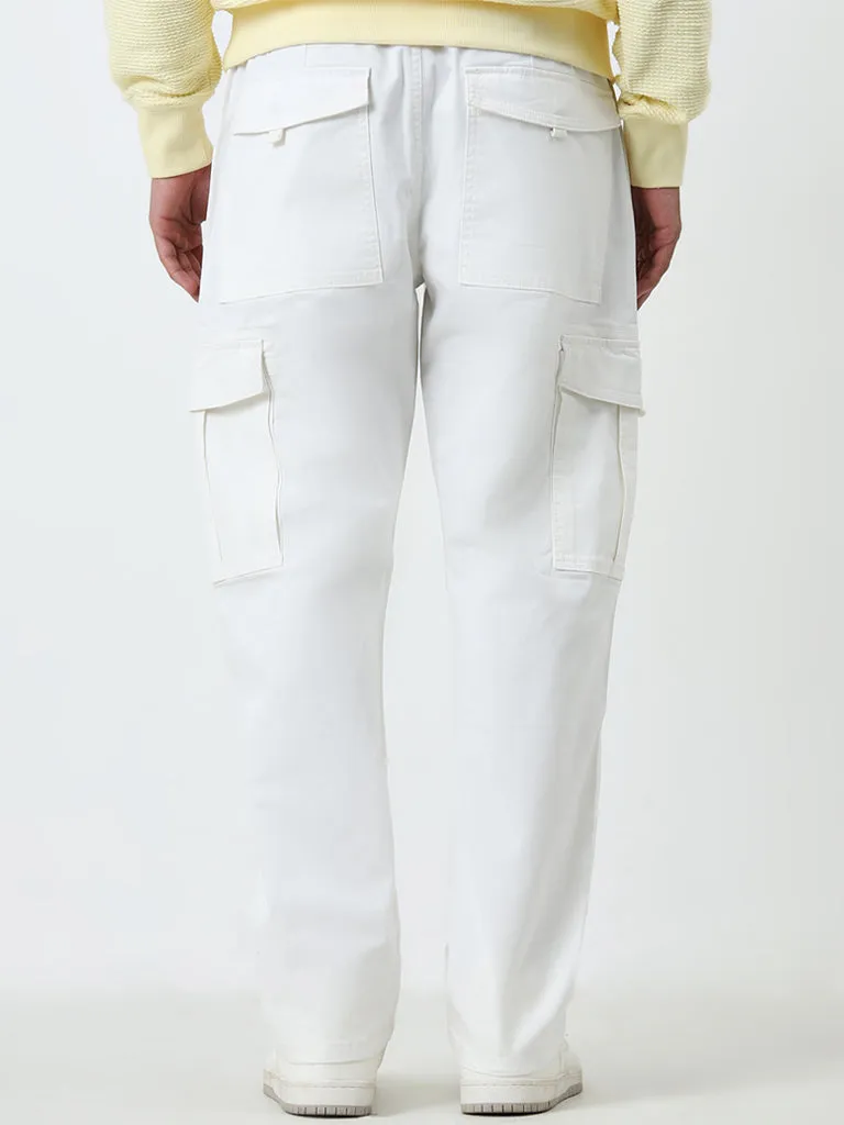 Nuon White Relaxed-Fit Mid-Rise Cotton Blend Cargo Chinos