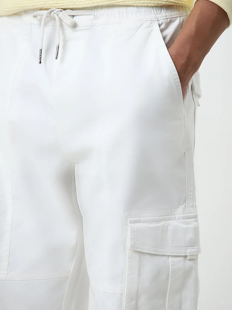 Nuon White Relaxed-Fit Mid-Rise Cotton Blend Cargo Chinos