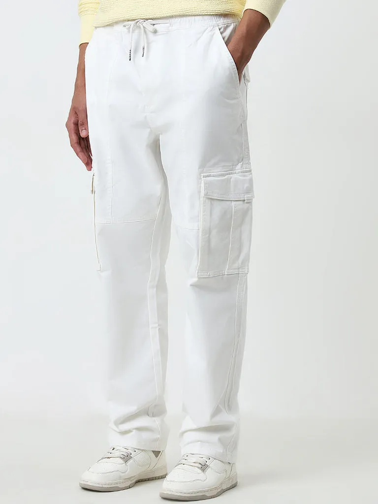 Nuon White Relaxed-Fit Mid-Rise Cotton Blend Cargo Chinos