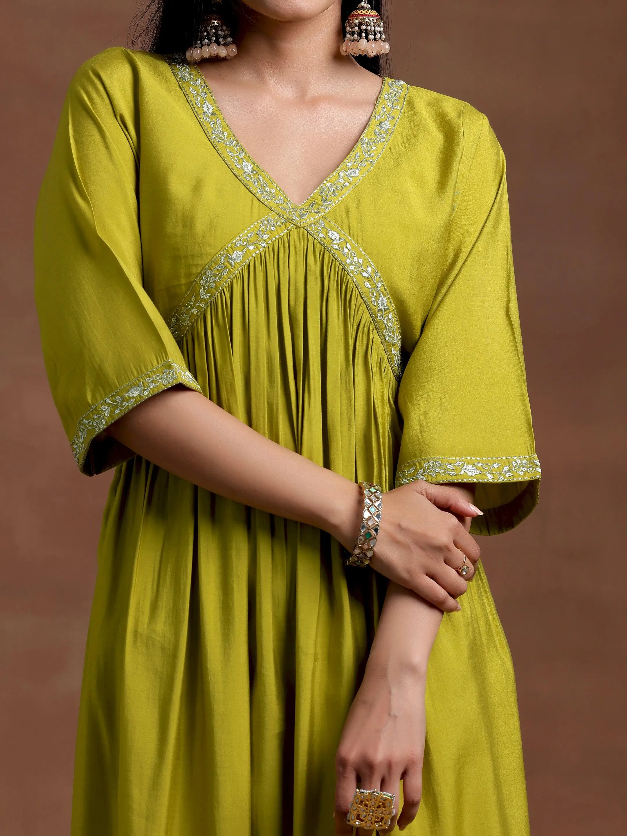 Olive Solid Silk Blend A-Line Kurta With Trousers & Dupatta