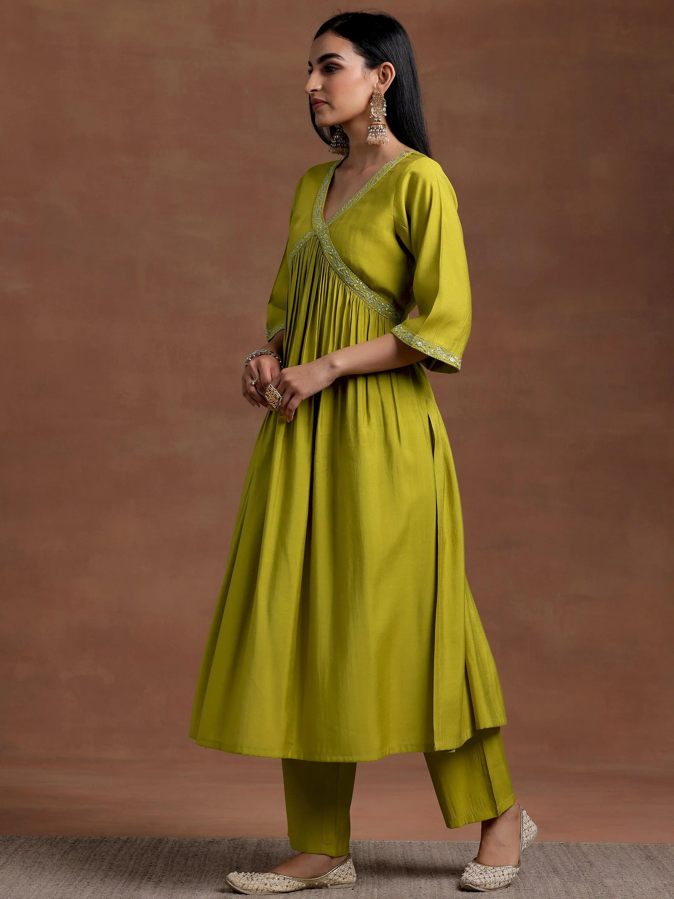 Olive Solid Silk Blend A-Line Kurta With Trousers & Dupatta